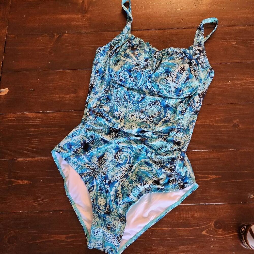 Aqua Eve One Piece Tummy Control Ruched Swimsuit in Teal Paisley Size XL New Wit